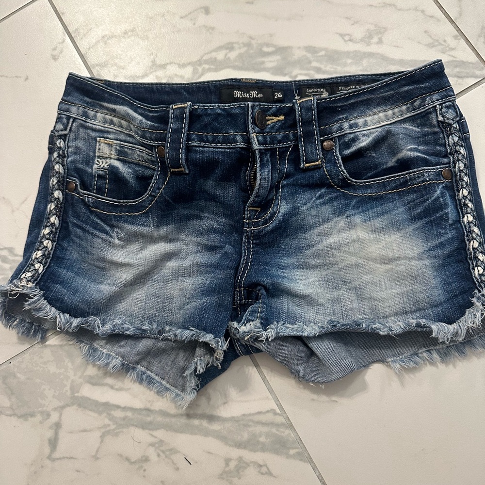 Miss Me Faded Indigo Braided-Trim Denim Shorts
